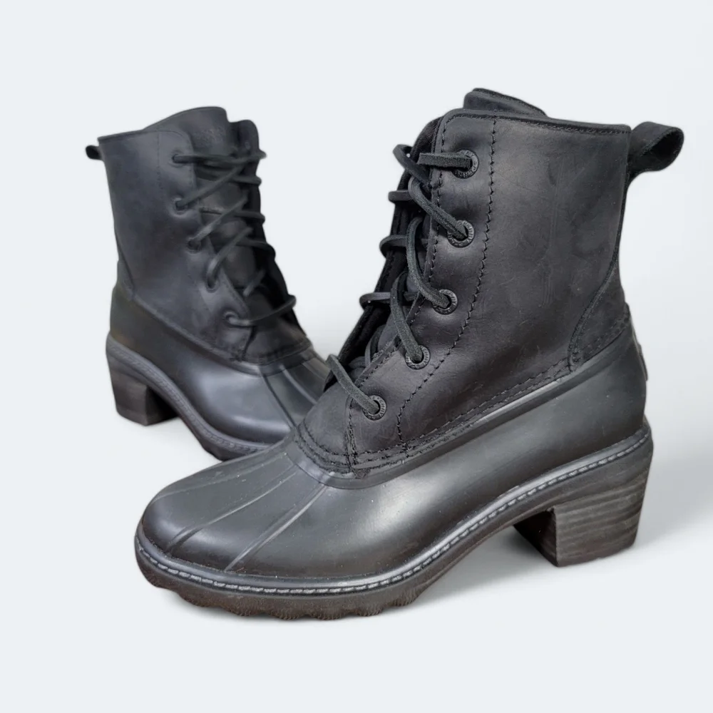 Sperry Saltwater Heel Rain Boots Women's Black Leather Lace-Up Duck Boot Size 5